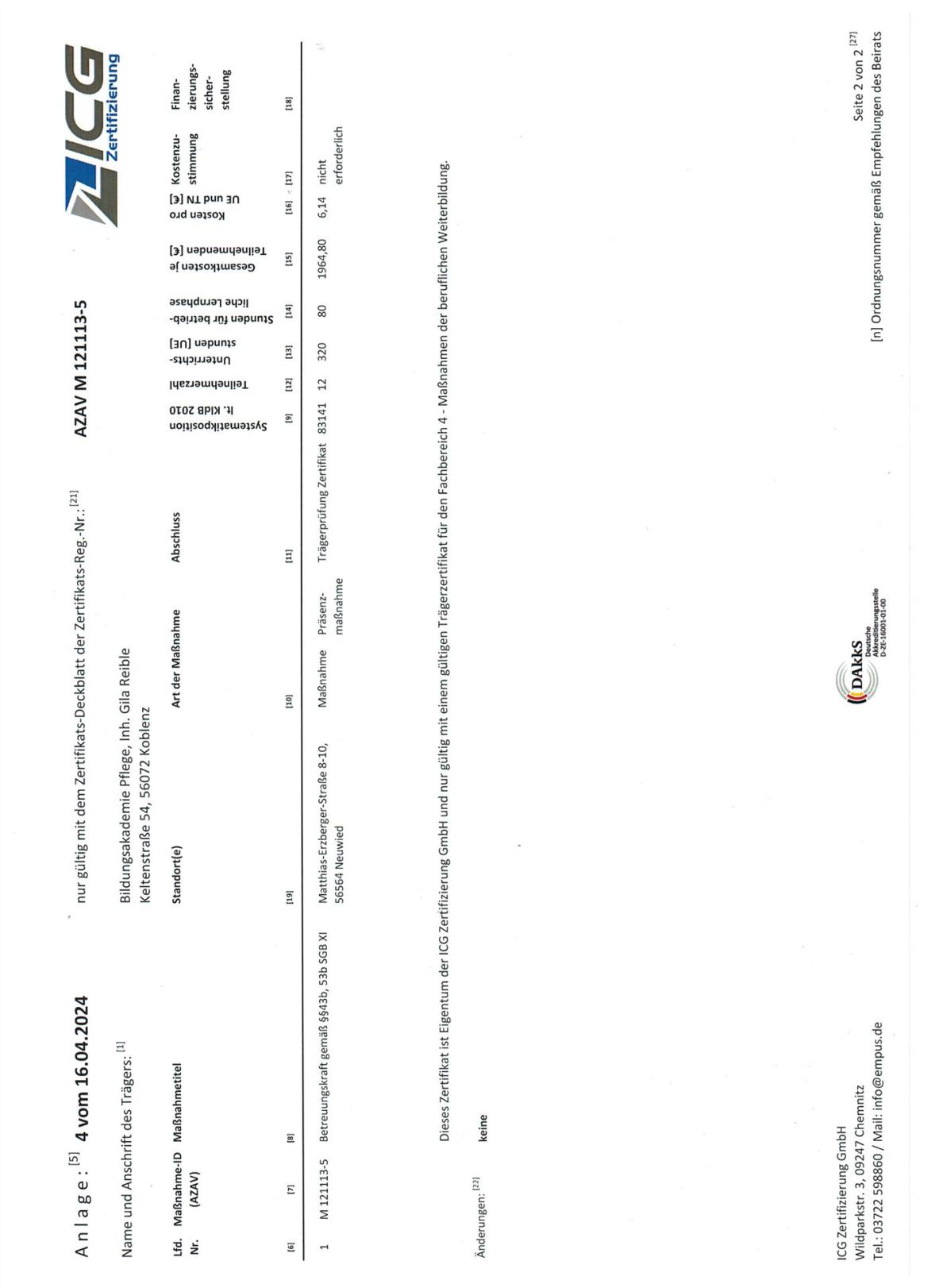 Maßnahmezertifikat Seite 2